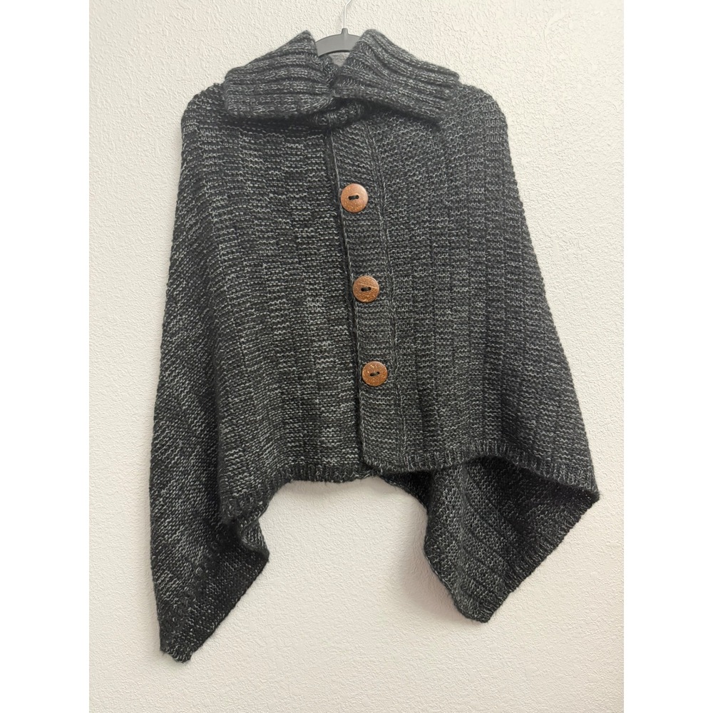 Charcoal Gray Marled Chunky Knit Poncho Asymmetrical Button Front Cape Wrap